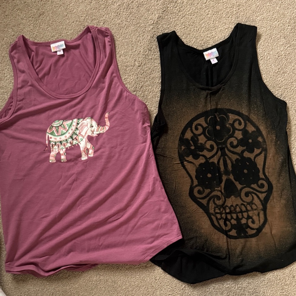 LuLaRoe Elephant and Skull Graphic Tank Tops - Mauve and Black